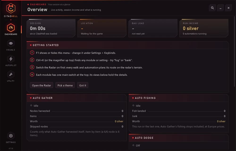 Dashboard: session, run income and live module status