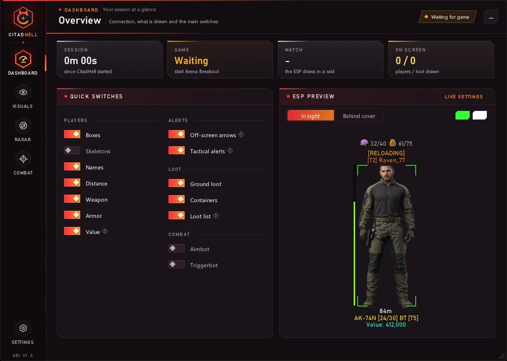 Menu overview with quick switches and live ESP preview